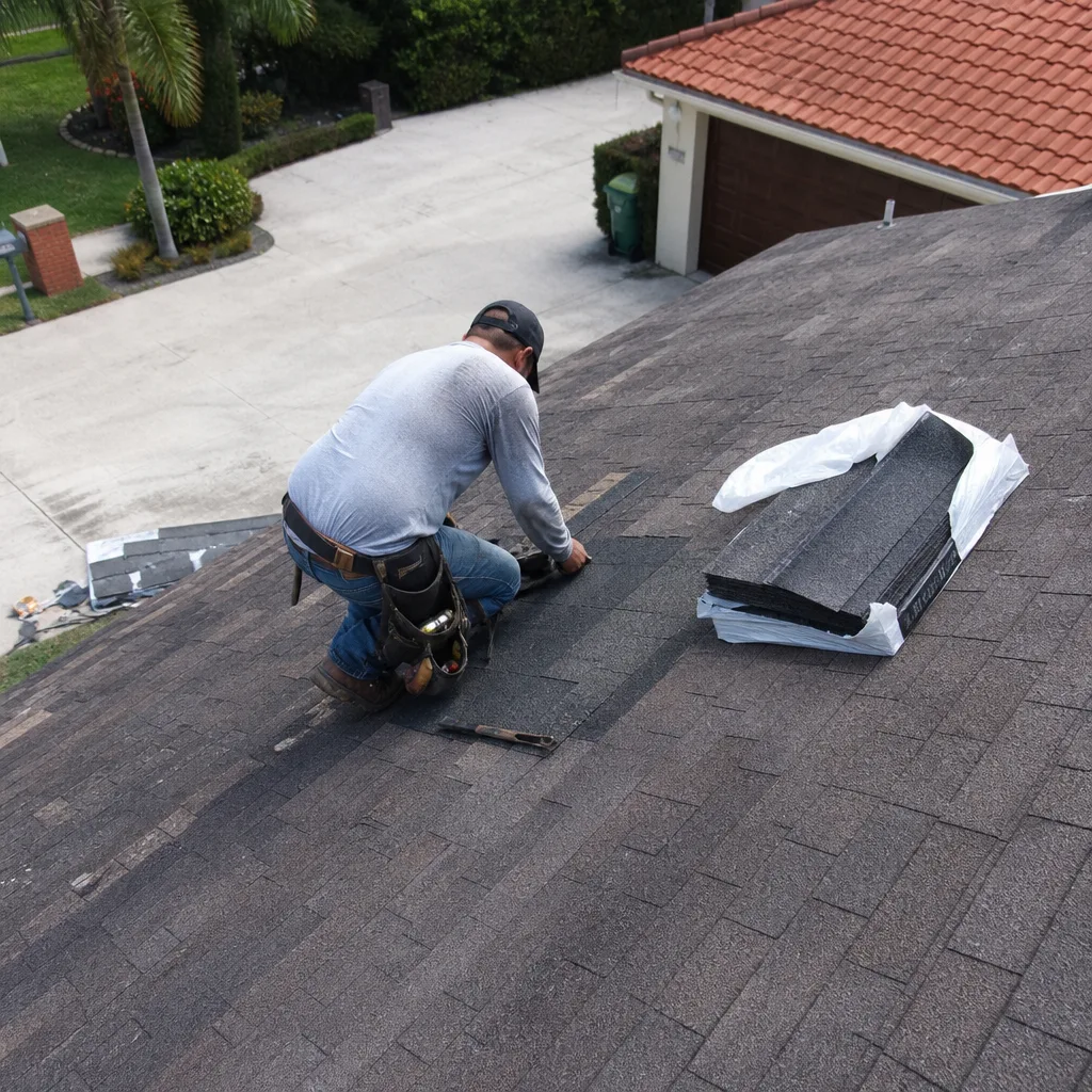 A roofing contractor repairing asphalt shingles on a residential roof.