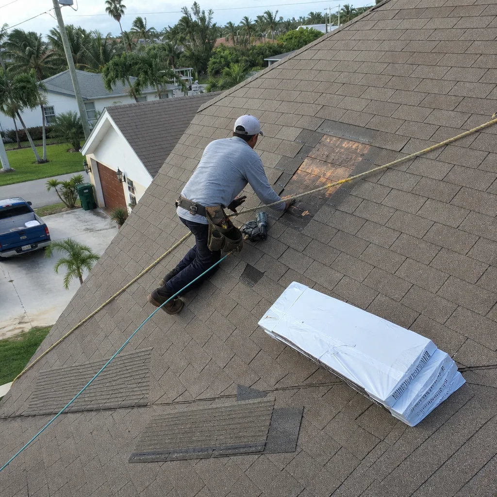 Professional roofer performing residential shingle roof repair with safety equipment