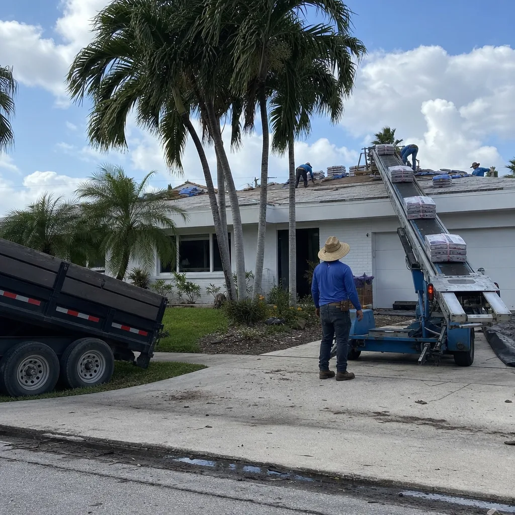 Roofing crew using a conveyor belt to install shingles on a roof