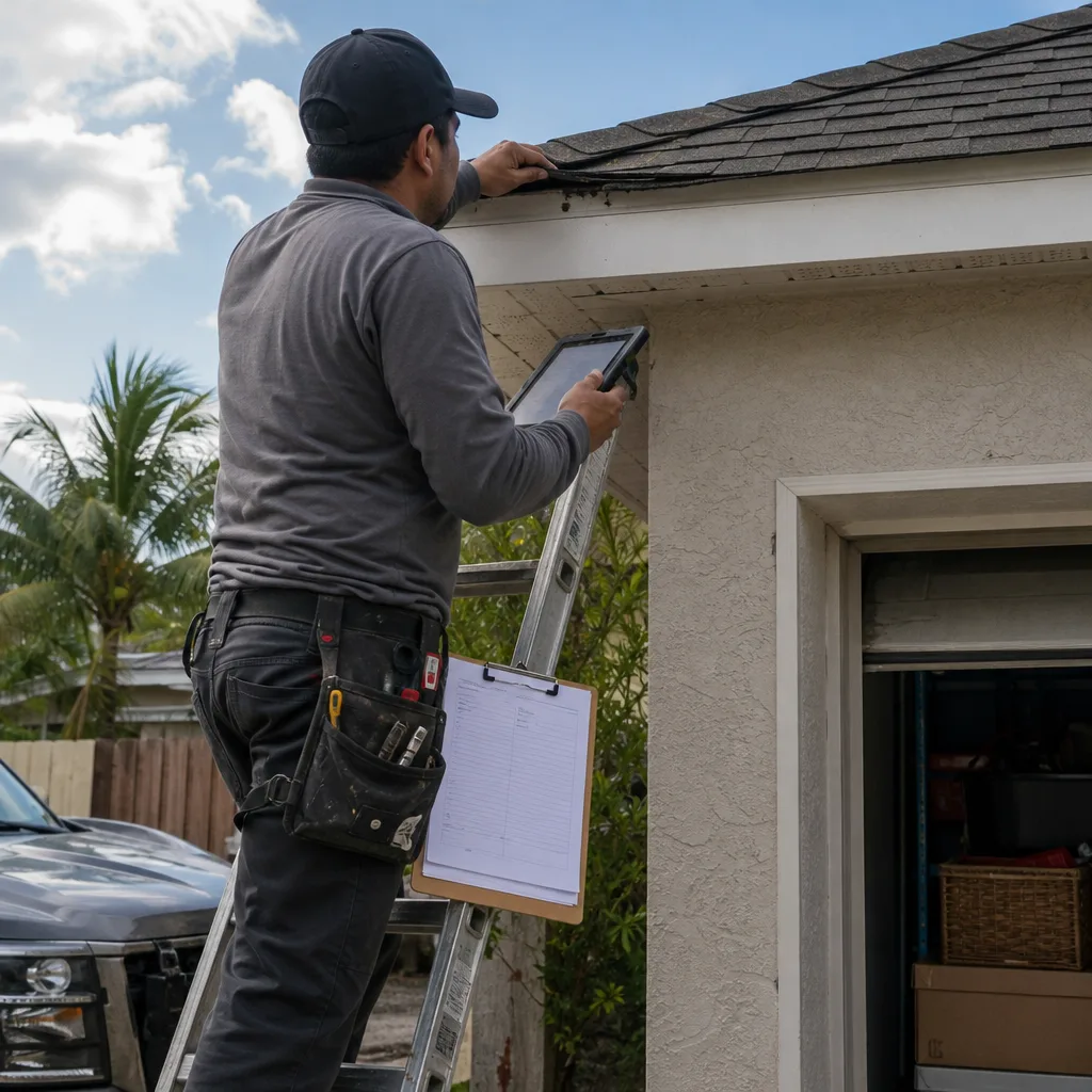 Roofing contractor inspecting house shingles with a tablet on a ladder